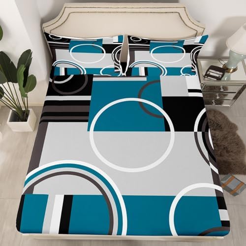 Erosebridal Modern Turquoise Decor Bed Sheets Gray Black Blue Stripes Geometric Sheet Set Twin Size Retro Circle Swirls Bedding Set Modern Abstract Texture Color Art Fitted Sheet - Image 2