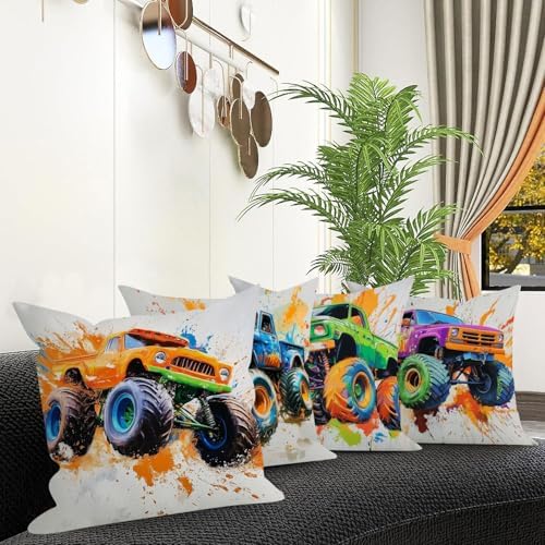 Monster Truck Throw Pillow Cover 20x20" Set of 4, Multicolor Cartoon Car Pillowcase for Sofa Couch Bed Soft Decorative Pillow Cover Kids Boys Room Monster Truck Cushion Covers Party Home Decorations - Image 3