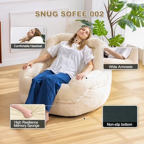 Giant Bean Bag Chair for Adults, Oversized Floor Lounge Chair with Armrests | White, soft corduroy and resilient foam for living rooms, bedrooms, reading nooks, gaming rooms, movie nights, and pets - Image 3