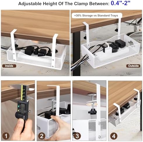 Extra Wide Under Desk Cable Management - 7inch No Drill Installation Cable Management Tray, Clamp/Screw Mount Desk Cable Management, Cable Management Tray for Office, Home((White, XL) (Pack of 2) - Image 3
