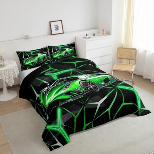 Feelyou Sports Car Bedding Set for Boys, Green Race Car Comforter Set King Size for Kids Teens Adult, Cool Speed Car Bedding Comforter Sets Extreme Sports Quilt Race Car Decor Quilt Set for Boys - Image 4