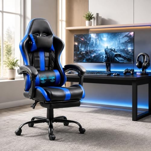 ECOTOUGE Massage Gaming Chair with Footrest & Lumbar Support, Blue | Premium PU Leather; Ergonomic Massage Lumbar; 90-135° Recline; Height Adjustable; Retractable Footrest; 330Lbs Steel Frame - Image 2