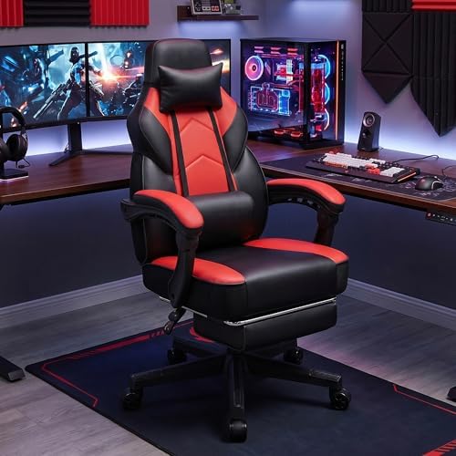 Gaming Chair for Adults, Video Game Chair with Footrest, Big and Tall Gaming Chair Heavy Duty Computer Chair with Massage Lumbar, Ergonomic Adjustable Height and 360° Swivel Seat, PU Leather, Red - Image 2