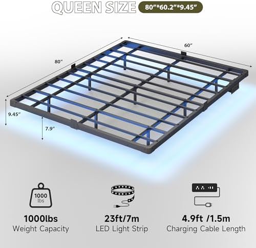 Floating Bed Frame Queen Size, Smart LED Lights & Charging Station, 9.45" High Clearance, Mattress Slide Stopper, Noise-Free, No Box Spring Needed, Easy Assembly - Image 2