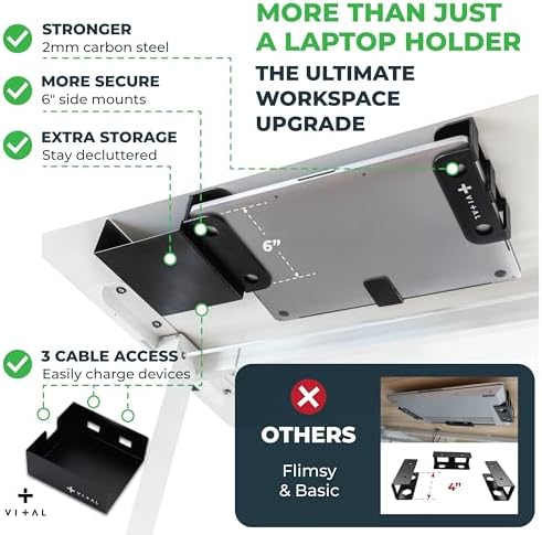 VI+AL Under Desk Laptop Mount - Hidden Metal Shelf with Side Storage - Installs with Tape & Screws - Fits Devices up to 1.7" Thick - Standard (No Hook or Cable Organizer) - Image 3
