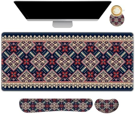 AIMSA Desk Mat Set Bohemian, Large Mouse Pad + Mouse Wrist Rest + Keyboard Wrist Support + Coaster, Navy Blue Gaming Mouse Pad Combo for Home Office by AIMSA