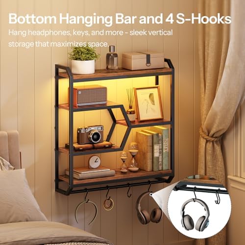 HOOBRO 27.5" Floating Shelf with LED Lights, Gaming LED Wall Mounted Shelf with Hanging Rod & 4 S-Hooks, 4-Tier Hanging Display Rack, for Living Room, Gaming Room, Rustic Brown and Black BF71DBJ01 - Image 3