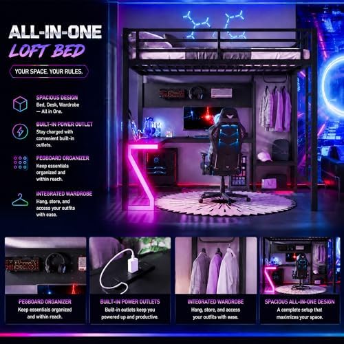 DNYN Metal Loft Bed with L-Shaped Desk and USB Ports for Teens/Adults Bedroom, Heavy-Duty Full Size Metal Bed Frame with Computer Tray/Peg Board/Gaming Style Z-Shaped LED, No Box Spring Needed - Image 5