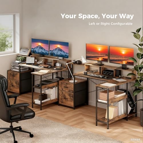 GTPLAYER 73" L Shaped Gaming Desk, Reversible Computer Desk with Power Outlets & LED Lights, Home Office Corner Desk with Storage Shelves, Monitor Stand, and Tower Space, Vintage Brown - Image 7