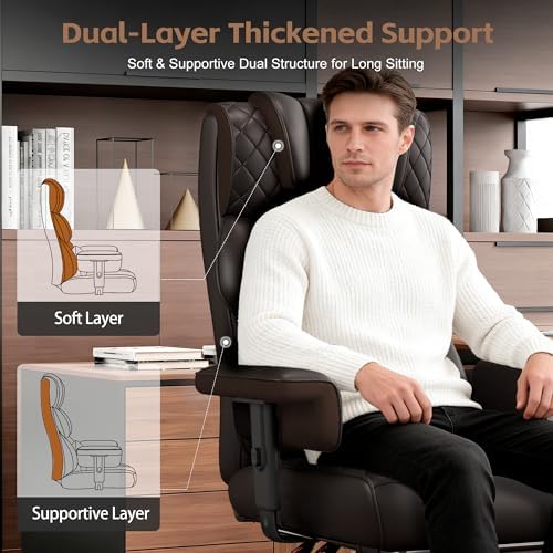 Vonesse Office Chair, Desk Chair with Soft Adjustable Armrests, Executive Computer Chairs with Lumbar Support, High Back Gaming Chair with Footrest (PU Leather, Brown) - Image 5