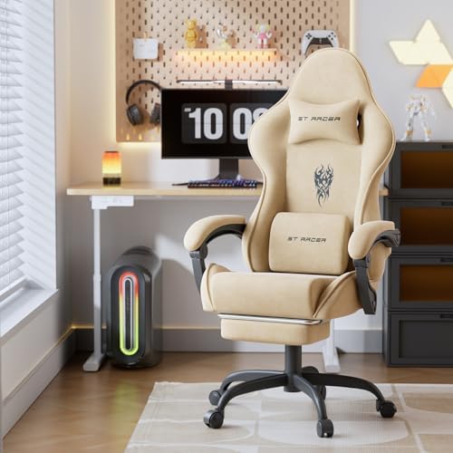 Ferghana Velvet Fabric Gaming Chair, High Back Ergonomic Gamer Chair for Adult, Comfortable Video Game Chair with Footrest and Massage Lumbar Cushion, Racing Reclining Office Computer Desk Chair Beige - Image 2