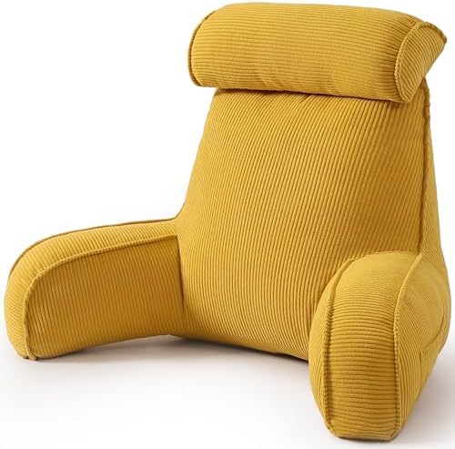 Reading Pillow for Sitting Up in Bed, Backrest Cushion with Arms, Corduroy Support Pillow with Side Pockets & Washable Cover, for Watching TV Sofa Couch Relax, Bright Yellow by Ailuteie
