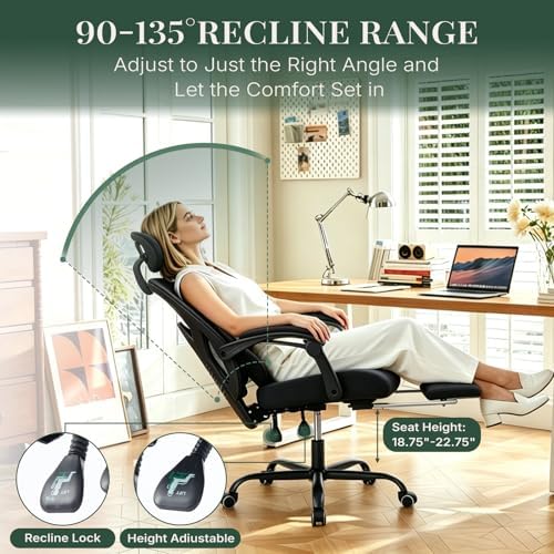Ergonomic Office Chair with Footrest, Computer Gaming Chair | Adjustable Headrest, Lumbar Support, Swivel Reclining, Padded Armrest, Mesh High Back, Home Desk Work Study, Black - Image 5