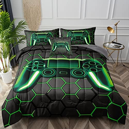 BDUCOK 6 Piece Gamer Comforter Sets Bed in A Bag for Boys Teen Kids,Honeycomb Gaming Bedding Sets Gamepad Comforter Microfiber Bed Set for All Season Gamer Home Decor(Green, 6 Piece Sets30021-Queen) - Image 2