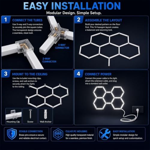 Hexagon LED Garage Light, 64500LM Ultra Bright 14-Hexagon 58-Tube Honeycomb Ceiling Lights, 6000K Daylight for Garage Gym, Car Detailing, Workshop, Warehouse & Auto Studio, DIY Hex Lights - Image 6
