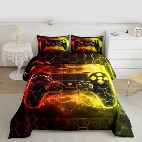 Feelyou Kids Boys Red Yellow Gamer Comforter Twin Size, Honeycomb Gaming Comforter Set for Lightning Gamer Bedding Set Game Duvet Set Bed Set Room Decor Quilt Set Bedding Collection by Feelyou