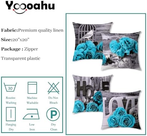 Turquoise Throw Pillow Covers 20x20 Set of 4, Teal Grey Aqua Blue Flower Pillow Cover Rose Pillowcase for Couch Sofa Floral Cotton Linen Accent Square Cushion Cases Bedroom Living Room Outdoor Decor - Image 5