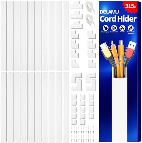 Delamu TV Cord Hider, 315in Wire Covers for 3-4 Cords on Wall, Large Cable Hider Cord Covers for Wires, Cable Management Wire Hiders for TV for Wall, L15.7 x W1.18 x H0.6 in, White by DELAMU