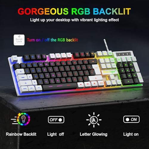 BlueFinger RGB Gaming Keyboard and Backlit Mouse Combo, USB Wired, LED Gaming Set for Laptop PC Computer Game and Work (White & Black) - Image 2