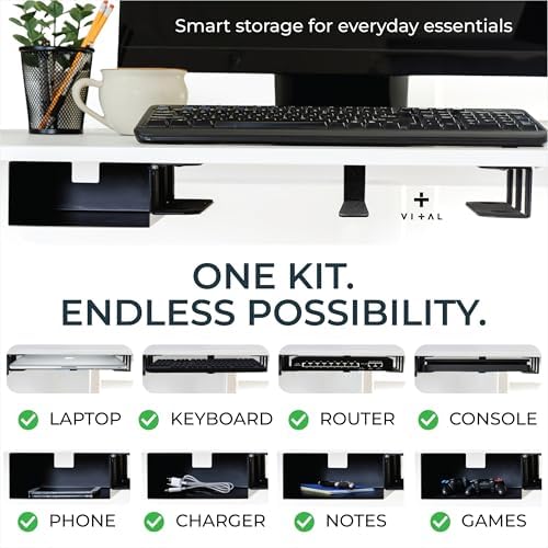 VI+AL Under Desk Laptop Mount - Hidden Metal Shelf with Side Storage - Installs with Tape & Screws - Fits Devices up to 1.7" Thick - Standard (No Hook or Cable Organizer) - Image 4