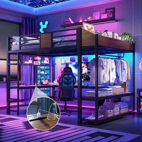Bellemave Queen Size Metal Loft Bed with L-Shaped Desk, LED Lights & Charging Station, Heavy Duty Loft Bed Frame with Hanging Rod and Storage Shelves for Kids, Teens & Adults, Space Saving,Black - Image 5