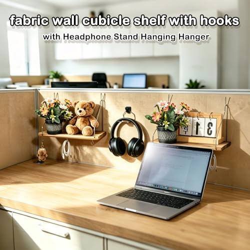 Fabric Wall 2 Pack Wooden Cubicle Shelf with 1 Headphone Stand Hanging Silver Hanger, Office Organizer Accessories, Women Men Desk Organizer Stylish Ations Holder, Desk Work Space Storage Hook - Image 4