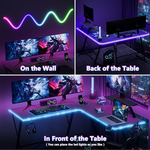 Mr IRONSTONE Gaming Desk with LED Lights, L Shaped Desk Corner with Cup Holder & Headphone Hook, Computer Desk Home Office Desks with Large Monitor Stand, Carbon Fiber Surface, Black 51 Inch - Image 5
