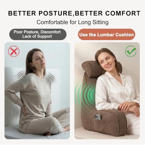 Reading Pillow for Sitting Up in Bed with Arms, Corduroy Back Support Cushion with Side Pockets & Washable Cover, Bed Rest Pillow for Sofa Reading, Relaxing & Watching TV, Chocolate - Image 2