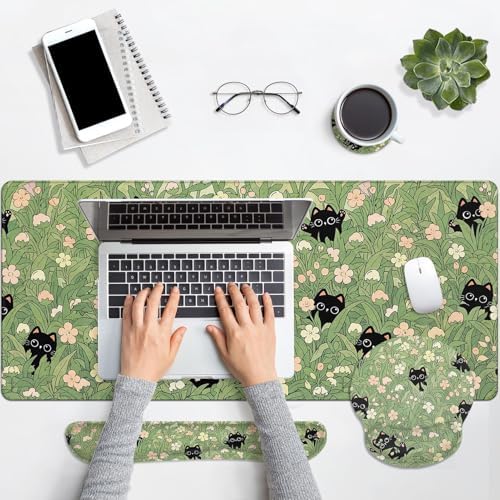Arttown Keyboard Mouse Pad Set, 4 in 1 Desk Mat Set Black Cat - Image 7