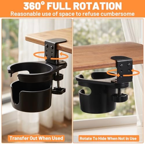 2 Pack Desk Cup Holder Clamp, 360° Rotating Anti-Spill Clip on Cup Holder for Desk, Adjustable Metal & ABS Drink Holders for Coffee Mugs, Water Bottles, Gaming Accessories - Image 4