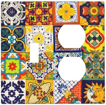 Decorative Outlet Covers Vintage Traditional Colorful Mexican Talavera Tiles Style 2 Gang Combination 1 Toggle/1 Duplex Light Switch Cover Gfci Wall Plate Electrical Receptacle Switchplate by JOOJIAO