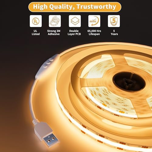 PAUTIX 5V USB COB LED Strip Light 6.56ft/2m 1200lm, Dimmable 640LEDs 2700K Warm White CRI90+ with RF Remote TV Backlight,Flexible Under Cabinet Tape Light for Bedroom,Kitchen,Home DIY Lighting - Image 5
