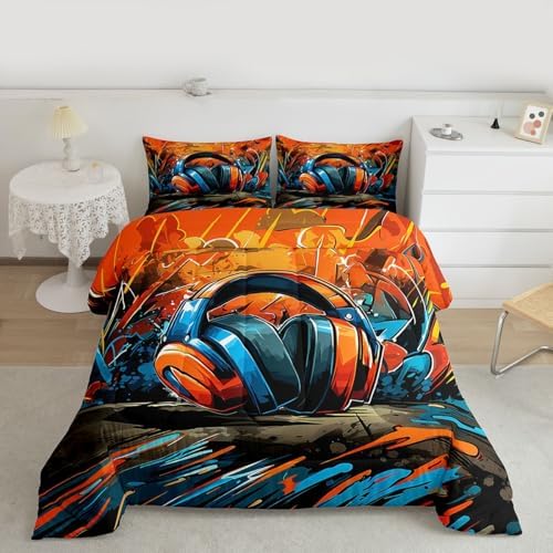 Erosebridal Gaming Headset Comforter Set Graffiti Gamer Girl Toddler Bedding Set for Tween Boys Girls Doodle Style Comforter Gaming Headphones Quilt - Image 5