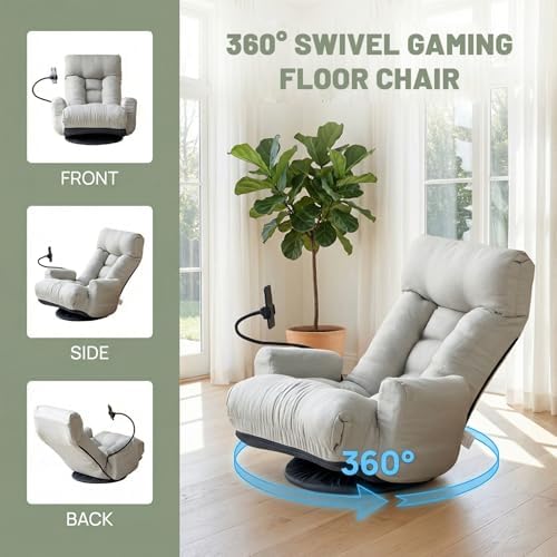 360° Swivel Floor Gaming Chair Linen Folding Chaise Lounge Chair Adjustable Cozy Sofa Chair with Armrests, Phone Holder & Padded Cushion, Ideal for Living Room, Bedroom (Grey) - Image 4