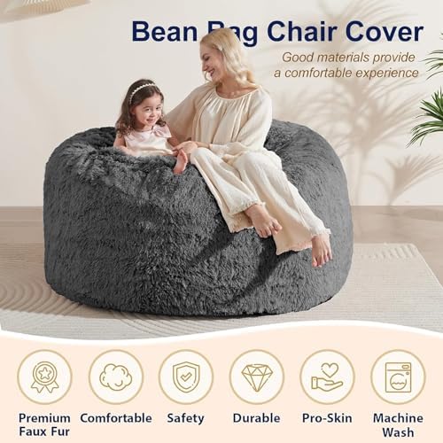 Bean Bag Cover (No Filler), Faux Fur Beanbag Chairs Covers Only, Stuffed Animal Storage Bean Bag, Giant Washable Beanbag Cover Without Filling, 7FT, Dark Grey - Image 4
