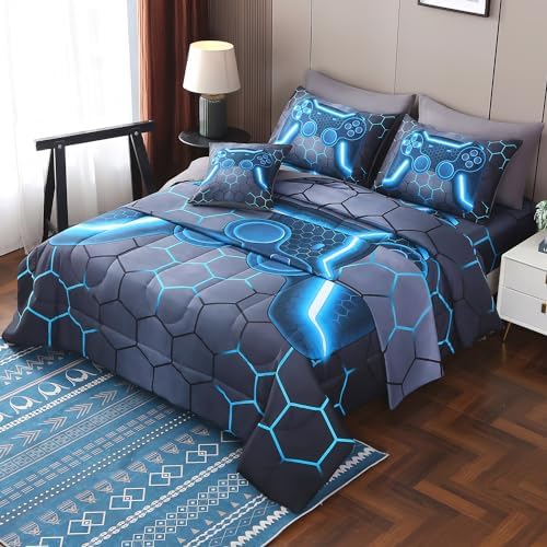 JQinHome Twin Gamer Comforter Set 6 Piece Bed in A Bag for Boys,3D Video Game Bedding -All Season Soft Microfiber Down Alternative Comforter Gamer Bedding Sets for Kids (Blue) by JQinHome
