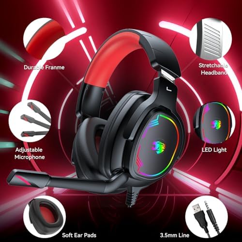 Jimonyer Gaming Headset with Microphone, 7.1 Surround Sound and Noise Canceling Over Ear Headphones for PC, PS4, PS5,Xbox Series,Switch, RGB Light and Soft Imitation Protein Earmuffs (Red) - Image 6