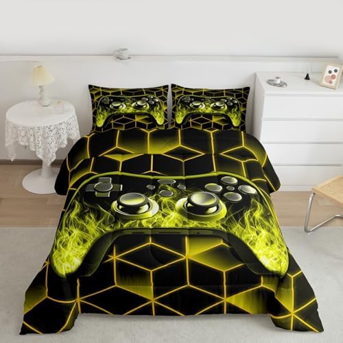 Yellow Game Console Comforter Set for Boys, Neon Geometric Gamer Bedding Set, 3D Geometric Comforter Set with Flame Gaming Consoles Gamer Decor - Image 5