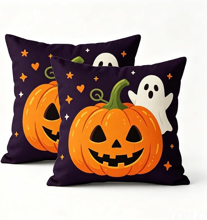 Halloween Decorations Throw Pillow Covers, Jack-O-Lantern Pumpkin and Ghost Design, Purple,Linen, 18x18 Inch, Set of 2，Halloween Decor Pillow Indoor, Halloween Decoration by Unknown