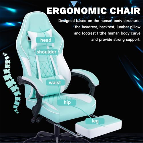 Gaming Desk Chair for Adults, Ergonomic Gaming Chair (Green+White) | with Footrest & Headrest and Lumbar Support, Leather Material Height Adjustable computer Video Game Chairs - Image 5