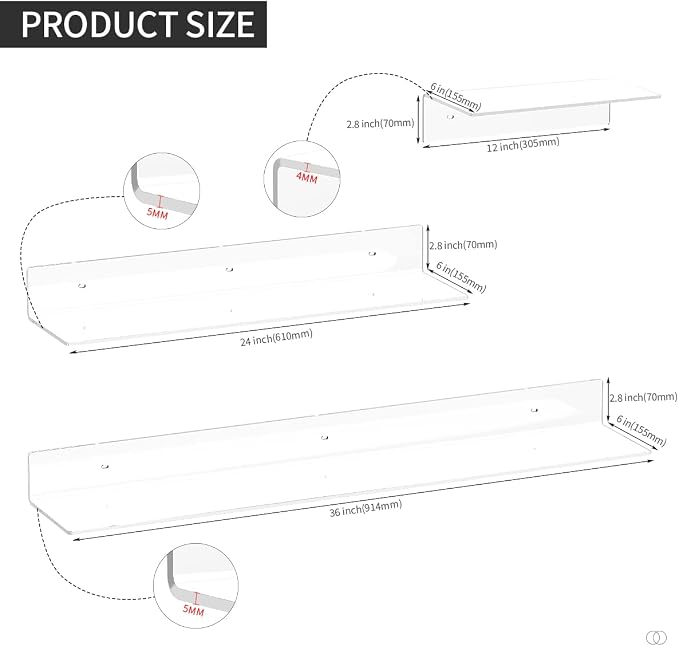 Sezanrpt Acrylic Wall Shelves 36 24 12 Inches, Clear Floating Shelf for Wall, Wall Mounted Display Shelves for Plants, Radio, Funko Pop, Stuffed Animal, Books, Clock, Cosmetics, Toiletries - Image 3