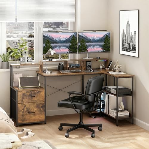 GTPLAYER 73" L Shaped Gaming Desk, Reversible Computer Desk with Power Outlets & LED Lights, Home Office Corner Desk with Storage Shelves, Monitor Stand, and Tower Space, Vintage Brown by GTPLAYER