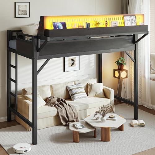 KEIKI Twin XL Metal Loft Bed Frame with Storage Shelves & Pegboard, Loft Bed with USB Ports and LED Lights, Space Saving Bed Frame for Kids Teens Dorm Rooms Apartments Gaming & Study Spaces - Image 4