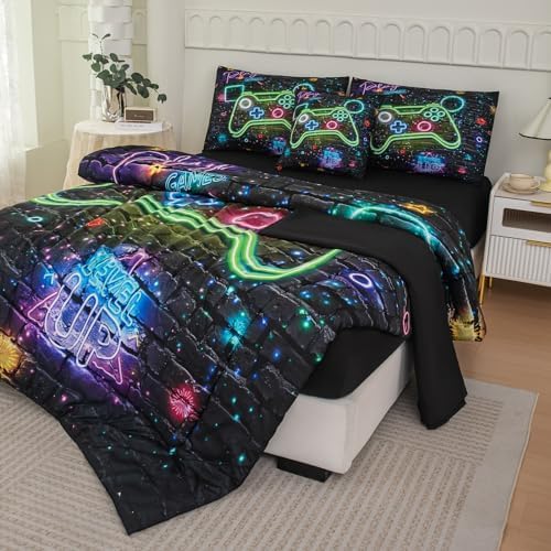 NINENINE Gaming Bedding Sets, 6PCS Full Size Comforter Size for Boys,Gaming Bedding Sets for Boys Bed in A Bag Gaming Comforter Sets(1Comforter,1Flat Sheet,1Fitted Sheet,1Cushion Cover,2Pillowcases)… - Image 3
