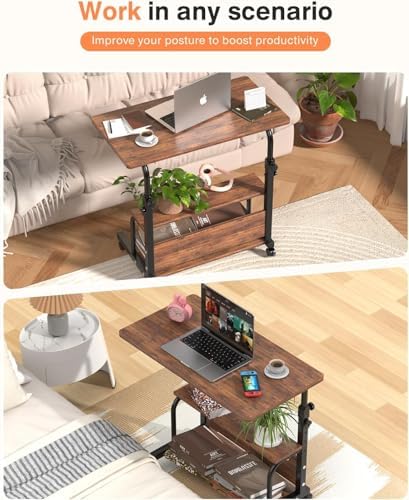 QZMDSM Portable Rolling Desk on Wheels Adjustable Height Desks for Small Spaces, 32" Computer Desk Drafting Tables with Storage Shelves for Home Office Rustic - Image 5