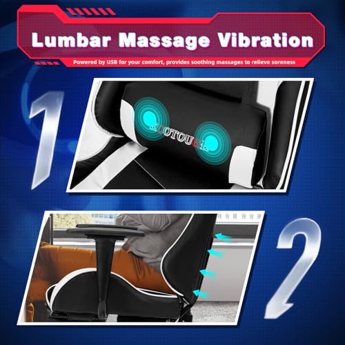 ECOTOUGE White Ergonomic PC Massage Gaming Chair with Footrest | Reclining Racing PU Leather, Swivel Rocker, Headrest, Lumbar Pillow, Office Desk Chair, Adjustable Height, Sturdy Base - Image 5
