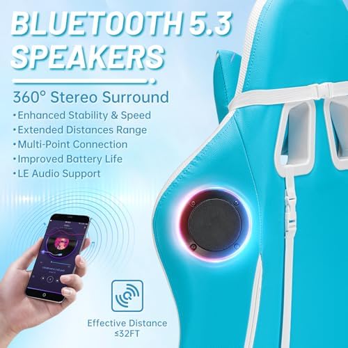 LED Gaming Chair with Speakers RGB Lights Massage Computer Chairs-Sky Blue | Bluetooth Game Chairs for Adults;Ergonomic High Back Video Game Chair; Reclining Gamer Chair with Footrest Lumbar Support - Image 4
