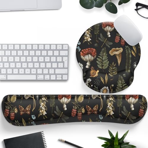 Plant Mushroom Mouse Pad Black Aesthetic Ergonomic Desk Pad Wrist Support Keyboard Wrist Rest Set, Mouse Pad with Non-Slip Pu for Office Comfortable Mouse Wrist Rest for Easy Typing & Pain Relief. by Mechanical+Cattle