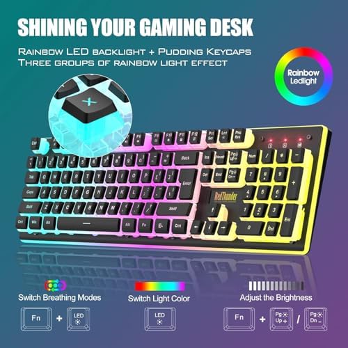 RedThunder K10 Wireless Gaming Keyboard and Mouse Combo, RGB Backlit Rechargeable 3800mAh Battery, Mechanical Feel Anti-ghosting Keyboard with Pudding Keycaps + 7D 3200DPI Mice for PC Gamer (Black) - Image 3