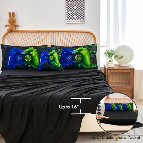 PERFEMET 6-Piece Game Full Size Bed in a Bag for Boys Blue and Green Video Gamer Bedding Set with Sheets Soft Fluffy 3D Printed Game Console Comforter Set for Kids Teen Girls(Blue Green, Full) - Image 5